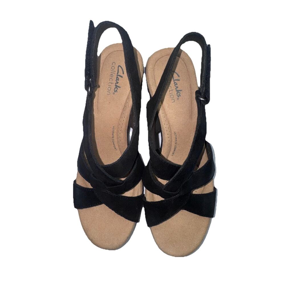 Clarks Wedge Sandals 9 Black Suede Strappy Open Toe Slingback Platform Heels NEW - Picture 3 of 7